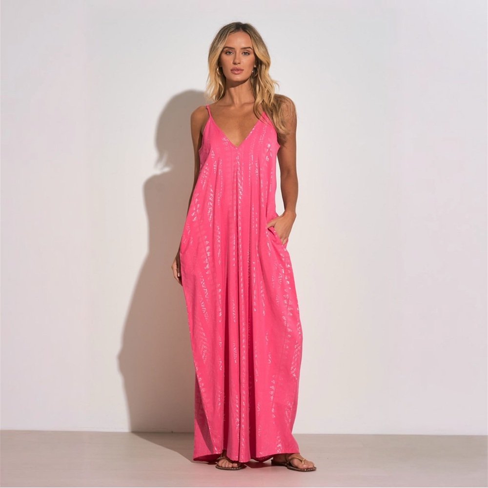 Bright Pink V-Neck Maxi Slip Dress with Spaghetti Straps
